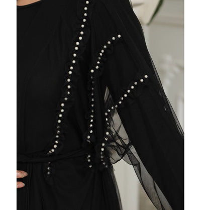 Modefa Dress Modest Muslim Woman Noir Pearl Tucked Abaya - 3237 Black