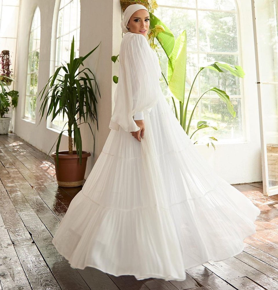 Modest Muslim Woman's Empire Waist Shimmery Tulle Dress - 36229 - Shim Modest Muslim Woman's Empire Waist Shimmery Tulle Dress - 36229 - Shim