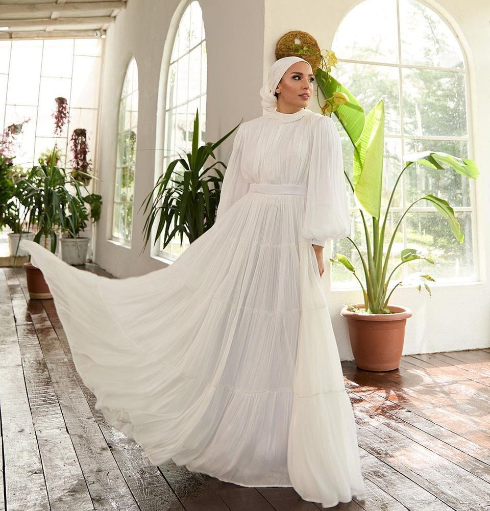 modest empire waist dresses Muslim Woman's Shimmery Tulle Dress - 36229 Size:08 (XSMALL) Dryad Corset Belt Coastal Dresser With long Remove the clothes while