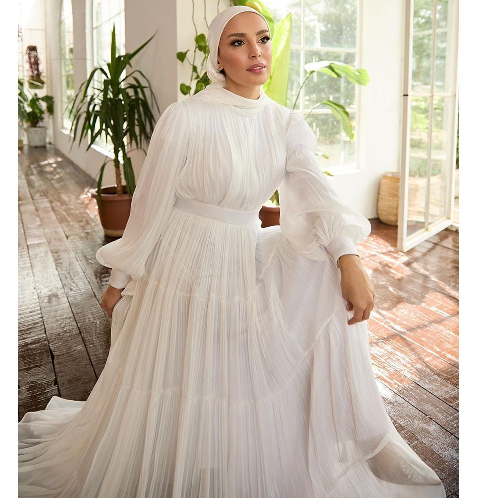 Modest Muslim Woman's Empire Waist Shimmery Tulle Dress - 36229