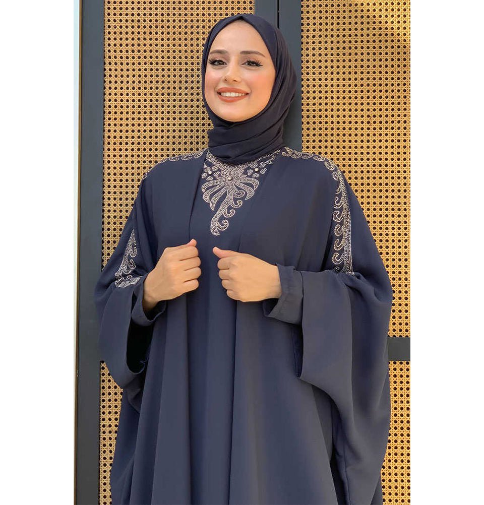 Modefa Dress Modest Muslim Woman's Two Piece Butterfly Abaya with Silver Sequins - 8499 - Navy Blue