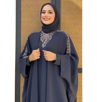 Modefa Dress Modest Muslim Woman's Two Piece Butterfly Abaya with Silver Sequins - 8499 - Navy Blue