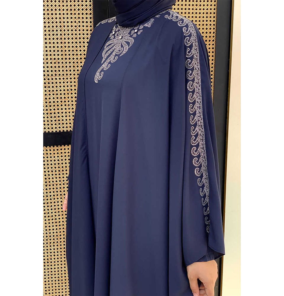 Modefa Dress Modest Muslim Woman's Two Piece Butterfly Abaya with Silver Sequins - 8499 - Navy Blue