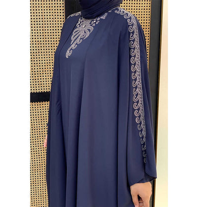 Modefa Dress Modest Muslim Woman's Two Piece Butterfly Abaya with Silver Sequins - 8499 - Navy Blue