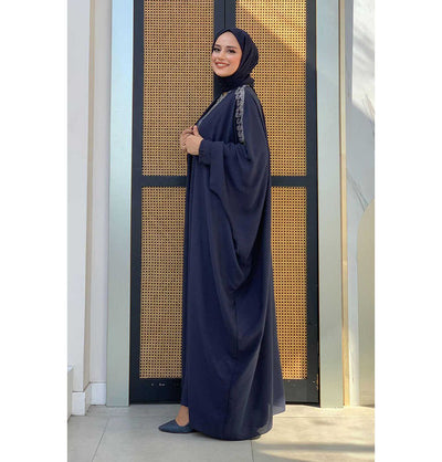 Modefa Dress Modest Muslim Woman's Two Piece Butterfly Abaya with Silver Sequins - 8499 - Navy Blue