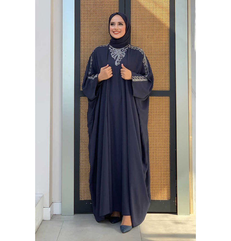 Modefa Dress Modest Muslim Woman's Two Piece Butterfly Abaya with Silver Sequins - 8499 - Navy Blue