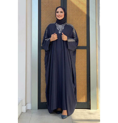 Modefa Dress Modest Muslim Woman's Two Piece Butterfly Abaya with Silver Sequins - 8499 - Navy Blue