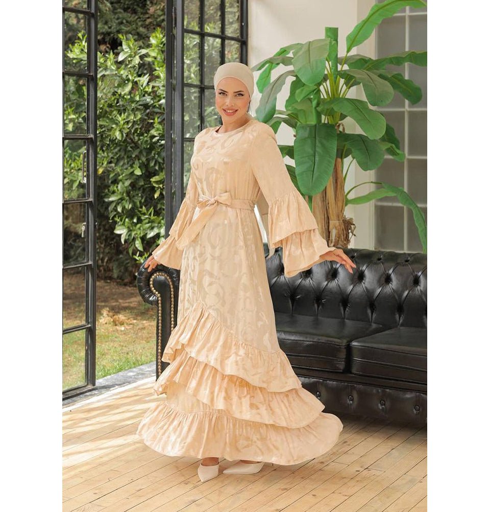 Modest Muslim Woman's V Front Tier Layered Dress with Butterfly Sleeve