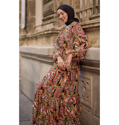 Modefa Dress Modest Muslim Women's Bohemian Mosaic Maxi Dress - 24560 Vibrant Pink