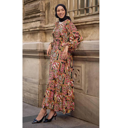 Modefa Dress Modest Muslim Women's Bohemian Mosaic Maxi Dress - 24560 Vibrant Pink
