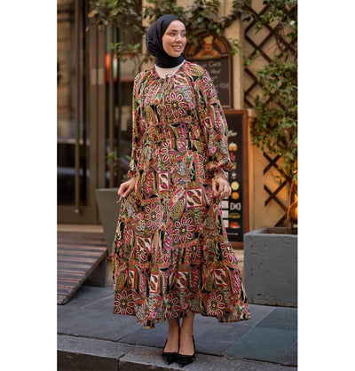 Modefa Dress Modest Muslim Women's Bohemian Mosaic Maxi Dress - 24560 Vibrant Pink