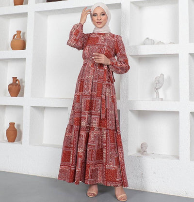 Modefa Dress Modest Muslim Women’s Boho Patchwork Long Sleeve Dress - 9346 Bandana Red