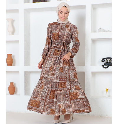Modefa Dress Modest Muslim Women's Boho Patchwork Long Sleeve Dress - 9346 Quilt Brown