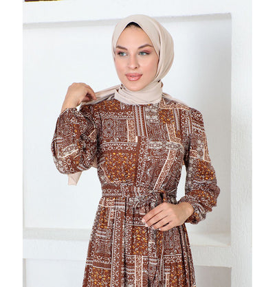 Modefa Dress Modest Muslim Women's Boho Patchwork Long Sleeve Dress - 9346 Quilt Brown