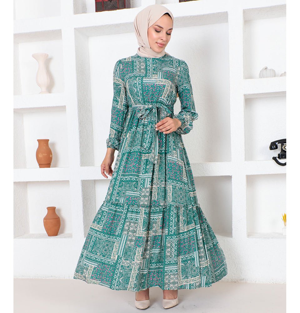Modefa Dress Modest Muslim Women's Boho Patchwork Long Sleeve Dress - 9346 Viridian Green