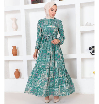 Modefa Dress Modest Muslim Women's Boho Patchwork Long Sleeve Dress - 9346 Viridian Green