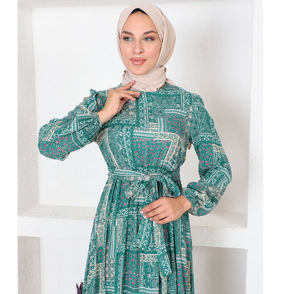 Modefa Dress Modest Muslim Women's Boho Patchwork Long Sleeve Dress - 9346 Viridian Green