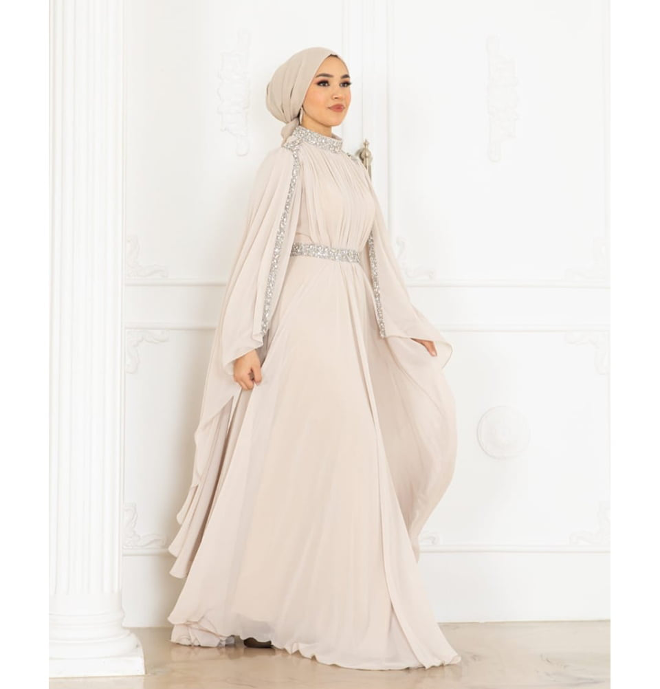 long cape sleeve dress muslim Modest Half Cape Dress,prom Dress,hijab Dress,abaya Nikkah,modest Luxury  Dress,evening Cape Dress,long Sleeve Dress,formal Satin Gray Abaya