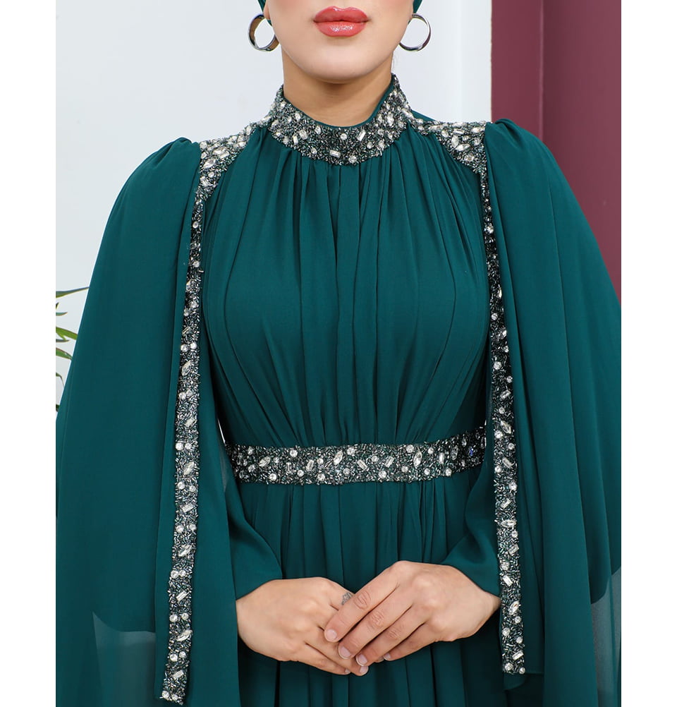 emerald green dress jewellery Modest Muslim Women's Embellished Cape Evening color-description:Ethereal Floral Fabric has no stretch Green Versace Dress Vestido Size:7.5 M