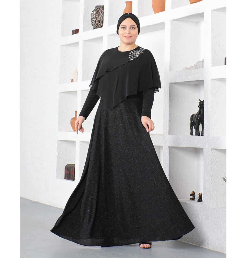 Modefa Dress Modest Muslim Women’s Embellished Elegant Draped Sleeve Evening Dress - G571 Black