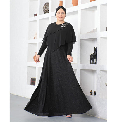 Modefa Dress Modest Muslim Women’s Embellished Elegant Draped Sleeve Evening Dress - G571 Black