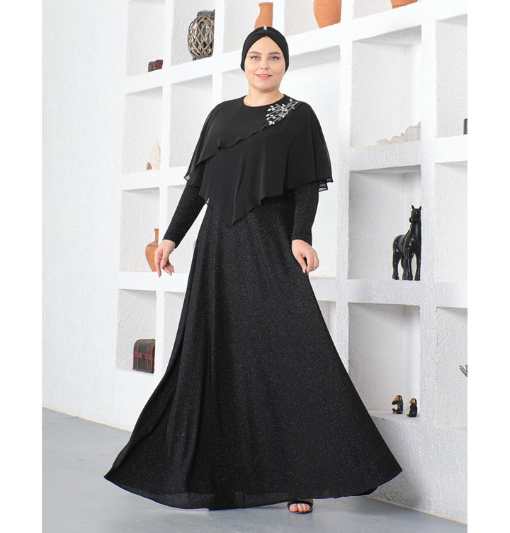 Modest Muslim Women's Embellished Elegant Draped Sleeve Evening Dress