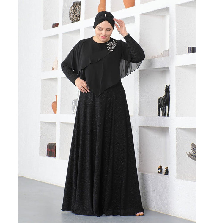 Modest Muslim Women's Embellished Elegant Draped Sleeve Evening Dress