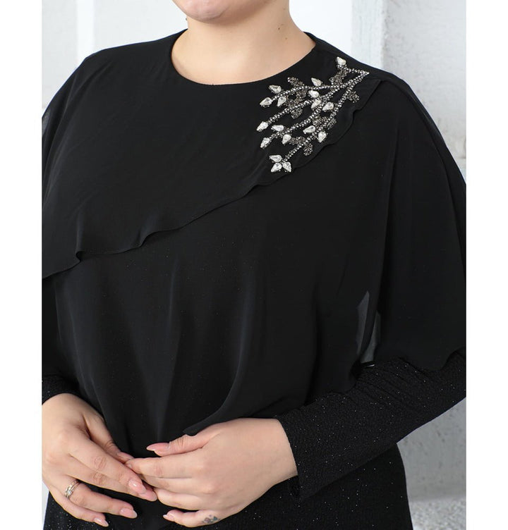 Modest Muslim Women's Embellished Elegant Draped Sleeve Evening Dress