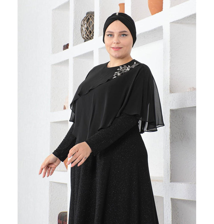 Modest Muslim Women's Embellished Elegant Draped Sleeve Evening Dress