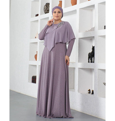 Modefa Dress Modest Muslim Women’s Embellished Elegant Draped Sleeve Evening Dress - G571 Lilac
