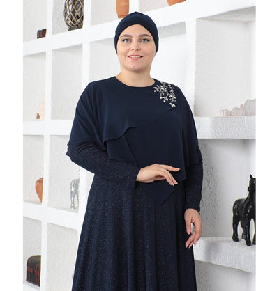 Modefa Dress Modest Muslim Women’s Embellished Elegant Draped Sleeve Evening Dress - G571 Navy Blue