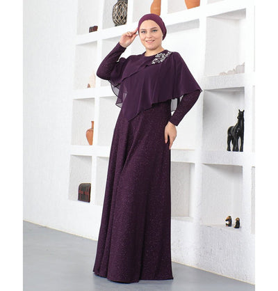 Modefa Dress Modest Muslim Women’s Embellished Elegant Draped Sleeve Evening Dress - G571 Purple