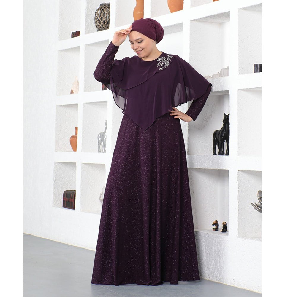 Modest Muslim Women's Embellished Elegant Draped Sleeve Evening Dress