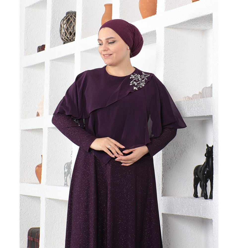 Modefa Dress Modest Muslim Women’s Embellished Elegant Draped Sleeve Evening Dress - G571 Purple