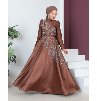 Modefa Dress Modest Muslim Women’s Glamor Mesh Overlay Formal Dress with Embellished Rhinestones - G665 Bronze Brown