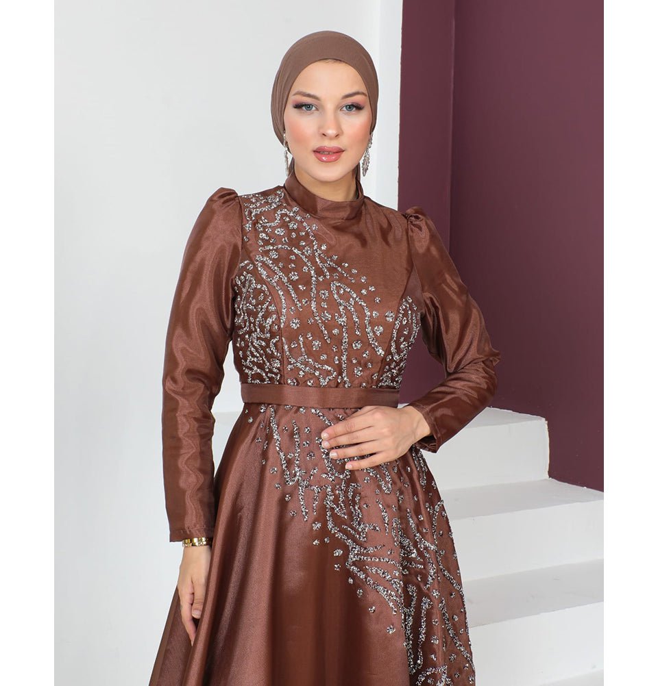 Modefa Dress Modest Muslim Women’s Glamor Mesh Overlay Formal Dress with Embellished Rhinestones - G665 Bronze Brown