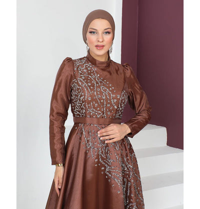 Modefa Dress Modest Muslim Women’s Glamor Mesh Overlay Formal Dress with Embellished Rhinestones - G665 Bronze Brown