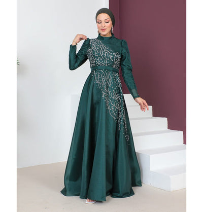 Modefa Dress Modest Muslim Women’s Glamor Mesh Overlay Formal Dress with Embellished Rhinestones - G665 Emerald Green
