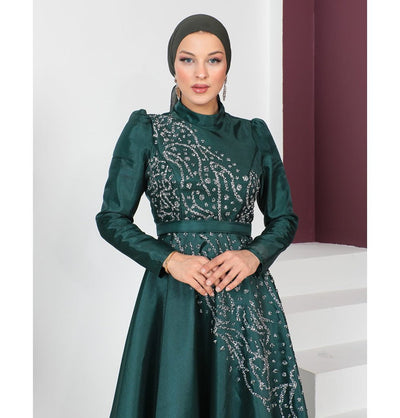 Modefa Dress Modest Muslim Women’s Glamor Mesh Overlay Formal Dress with Embellished Rhinestones - G665 Emerald Green
