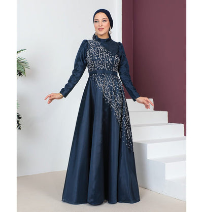 Modefa Dress Modest Muslim Women’s Glamor Mesh Overlay Formal Dress with Embellished Rhinestones - G665 Navy Blue