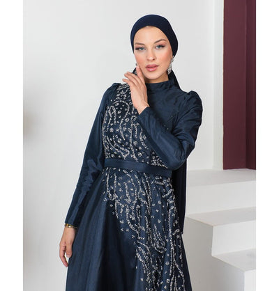 Modefa Dress Modest Muslim Women’s Glamor Mesh Overlay Formal Dress with Embellished Rhinestones - G665 Navy Blue