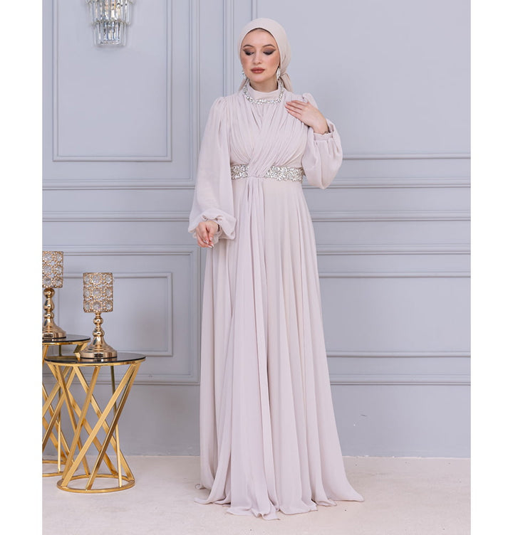 Modest Muslim Women's Jeweled Stones Evening Dress