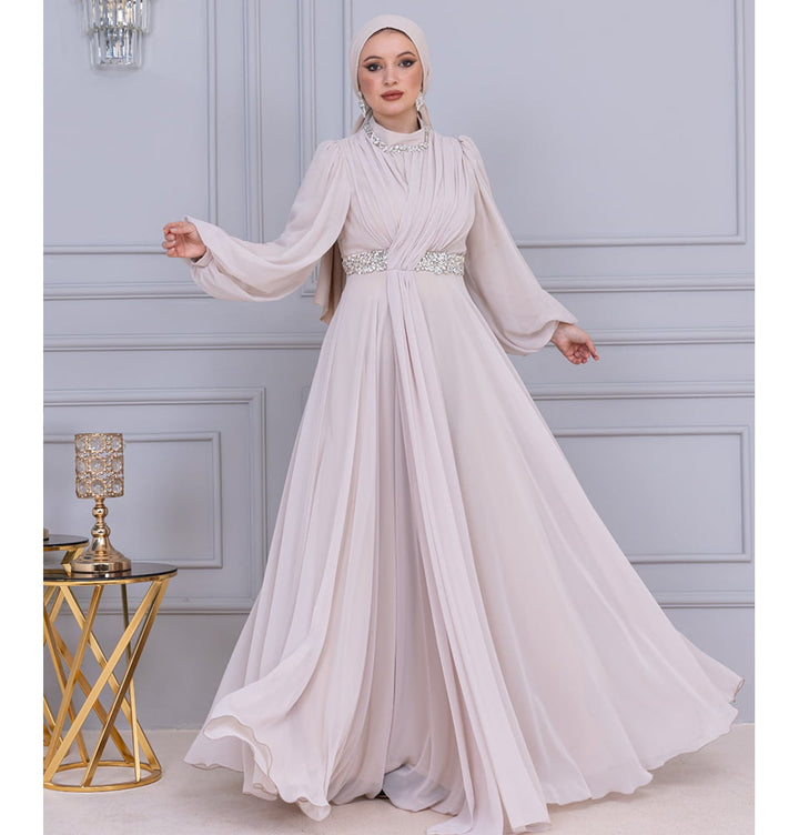 Modest Muslim Women's Jeweled Stones Evening Dress