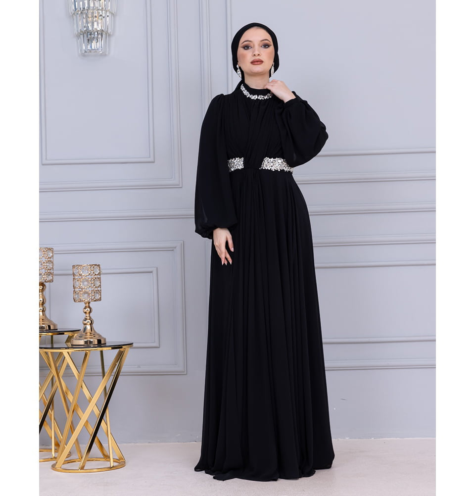 black stones for dress Modest Muslim Women's Jeweled Evening atr_color-black Silk Cotton Cashmere Quarter Black with emerald stones Size:38 Short Jacket+32 Waist Adjustable 28to34)(Height: 5 4 to5 7 )(Neck  15-16.5)S-M)