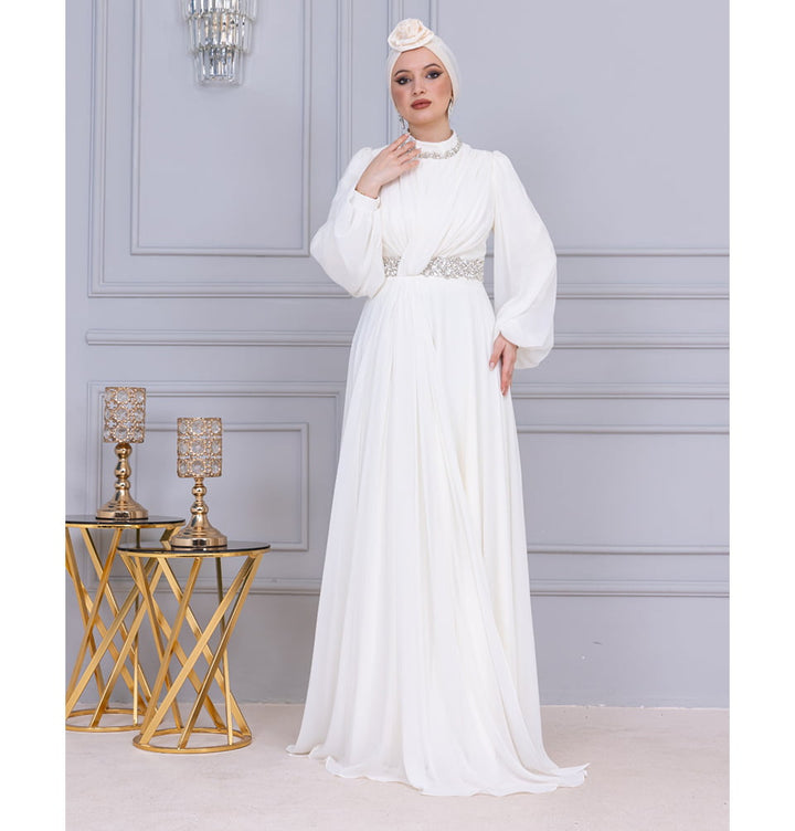 Modest Muslim Women's Jeweled Stones Evening Dress