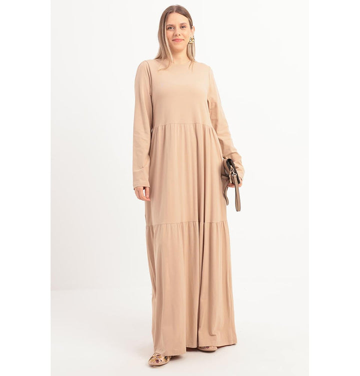 Modest Muslim Women's Layered Cotton Long Sleeve Dress - Beige Modest Muslim Women's Layered Cotton Long Sleeve Dress - Beige