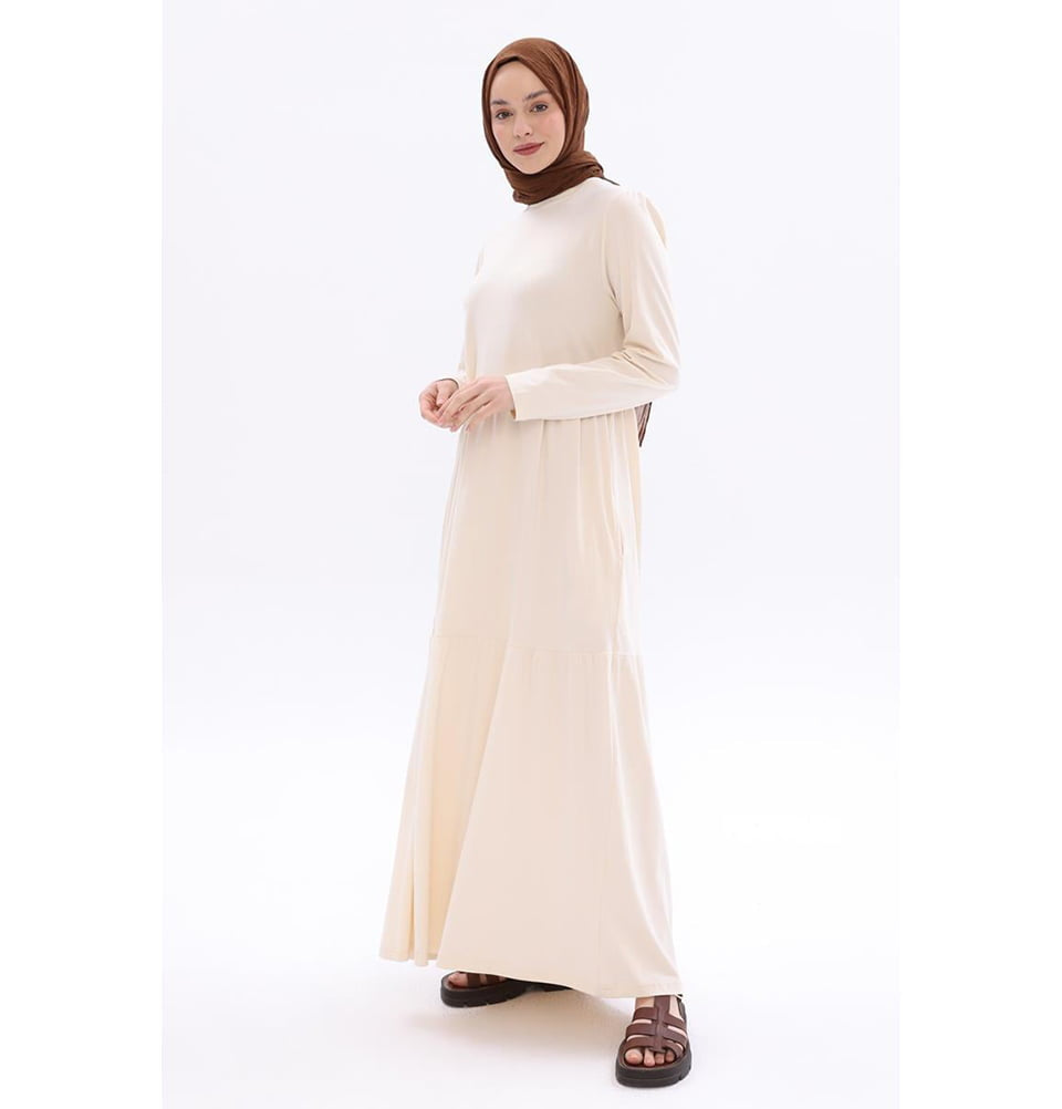 Modest Muslim Women's Layered Cotton Long Sleeve Dress - Stone Beige