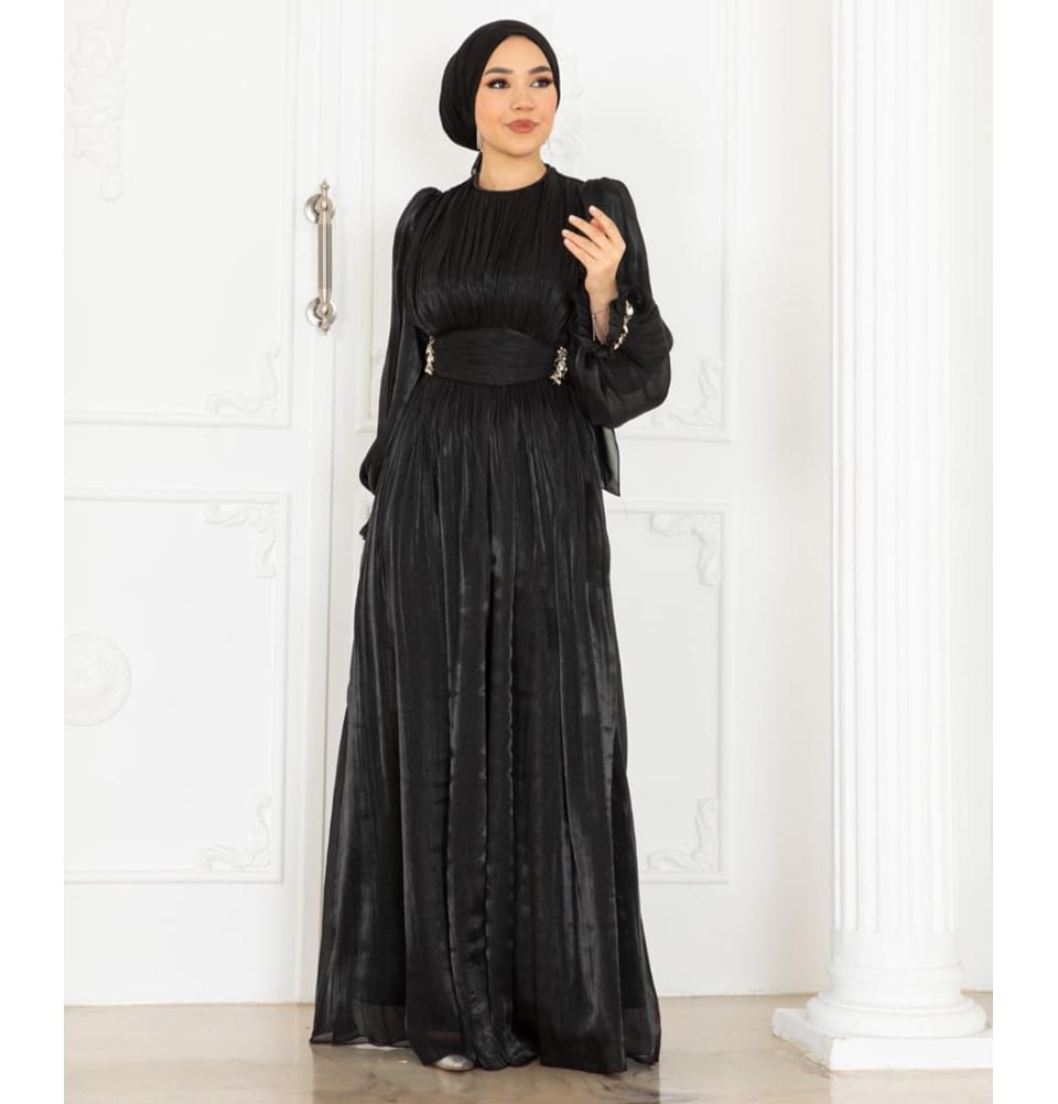 Modefa Dress Modest Muslim Women’s Luxe Pleated Evening Formal Dress - Black