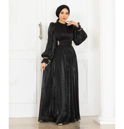 Modefa Dress Modest Muslim Women’s Luxe Pleated Evening Formal Dress - Black