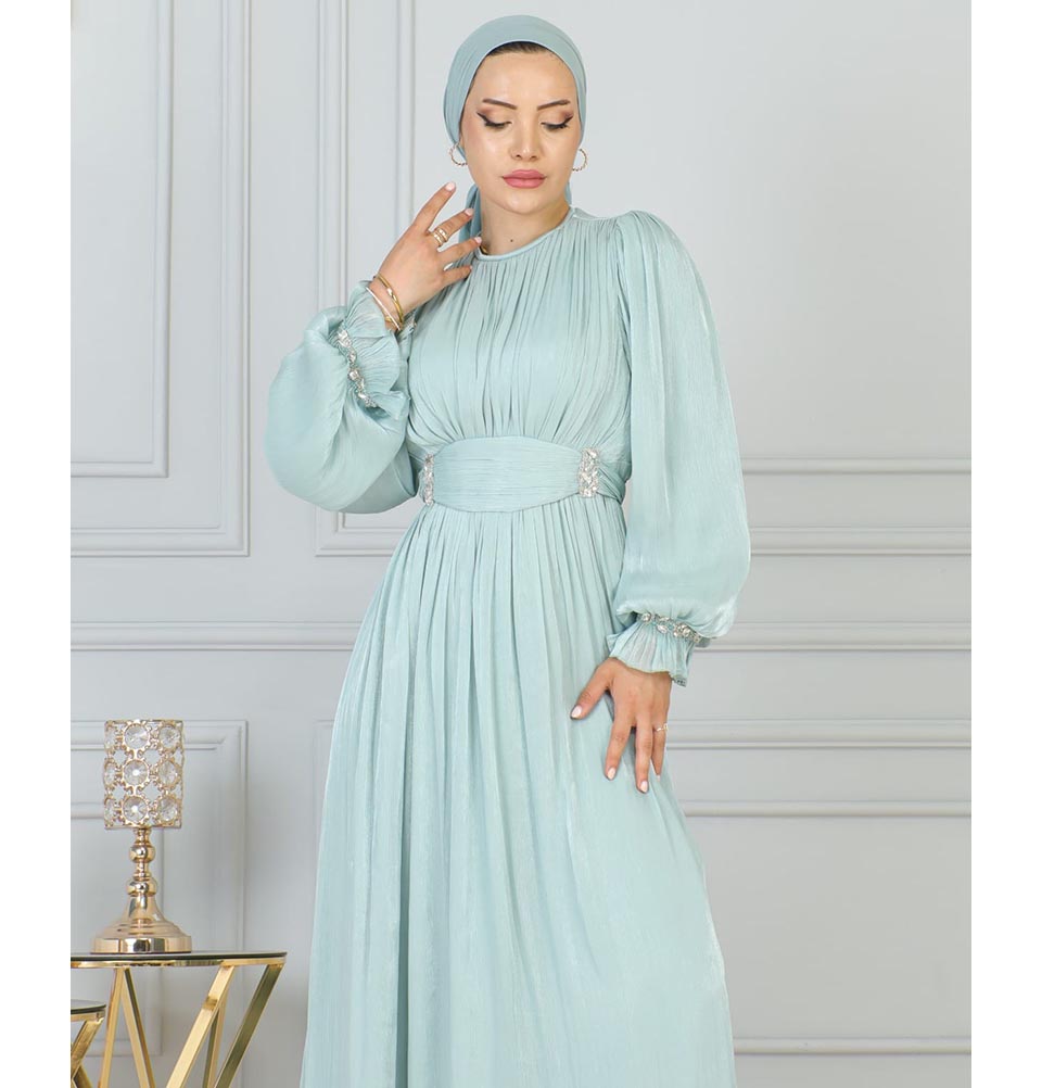 Modest Muslim Women's Luxe Pleated Evening Formal Dress G761 - Mint